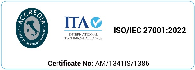 Accredia and ITA International Technical Alliance accreditation mark for ISO/IEC 27001:2022 — Certificate No. AM/1341IS/1385